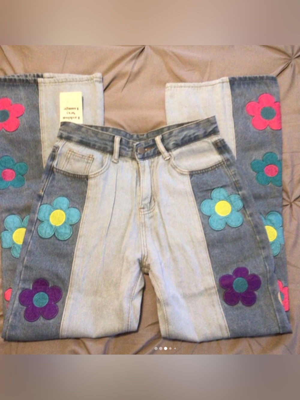 Fashion Lounge Blue Flower Hippie Embroidery Patchwork Flare High Waisted Jeans - Picture 5 of 16